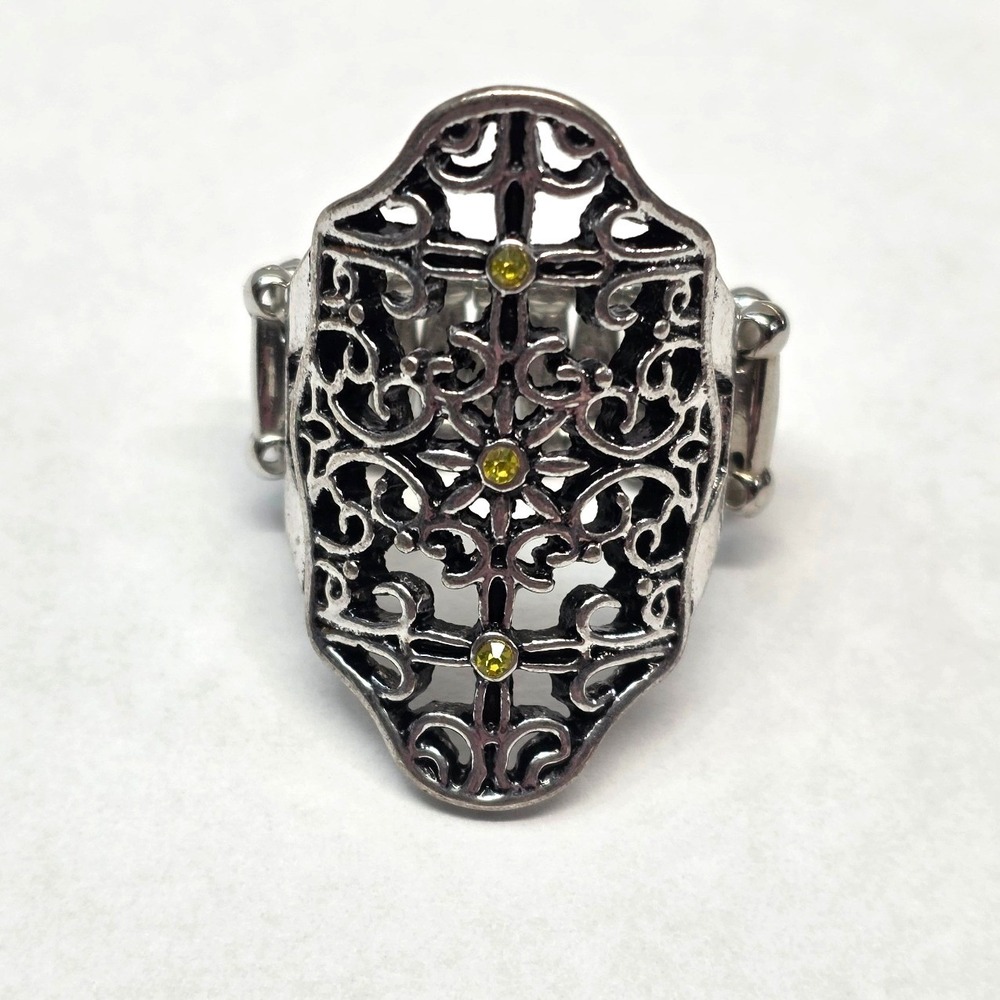 New Filigree Cross Shield Ring Silver Tone Yellow Rhinestone Stretch Band Chunky